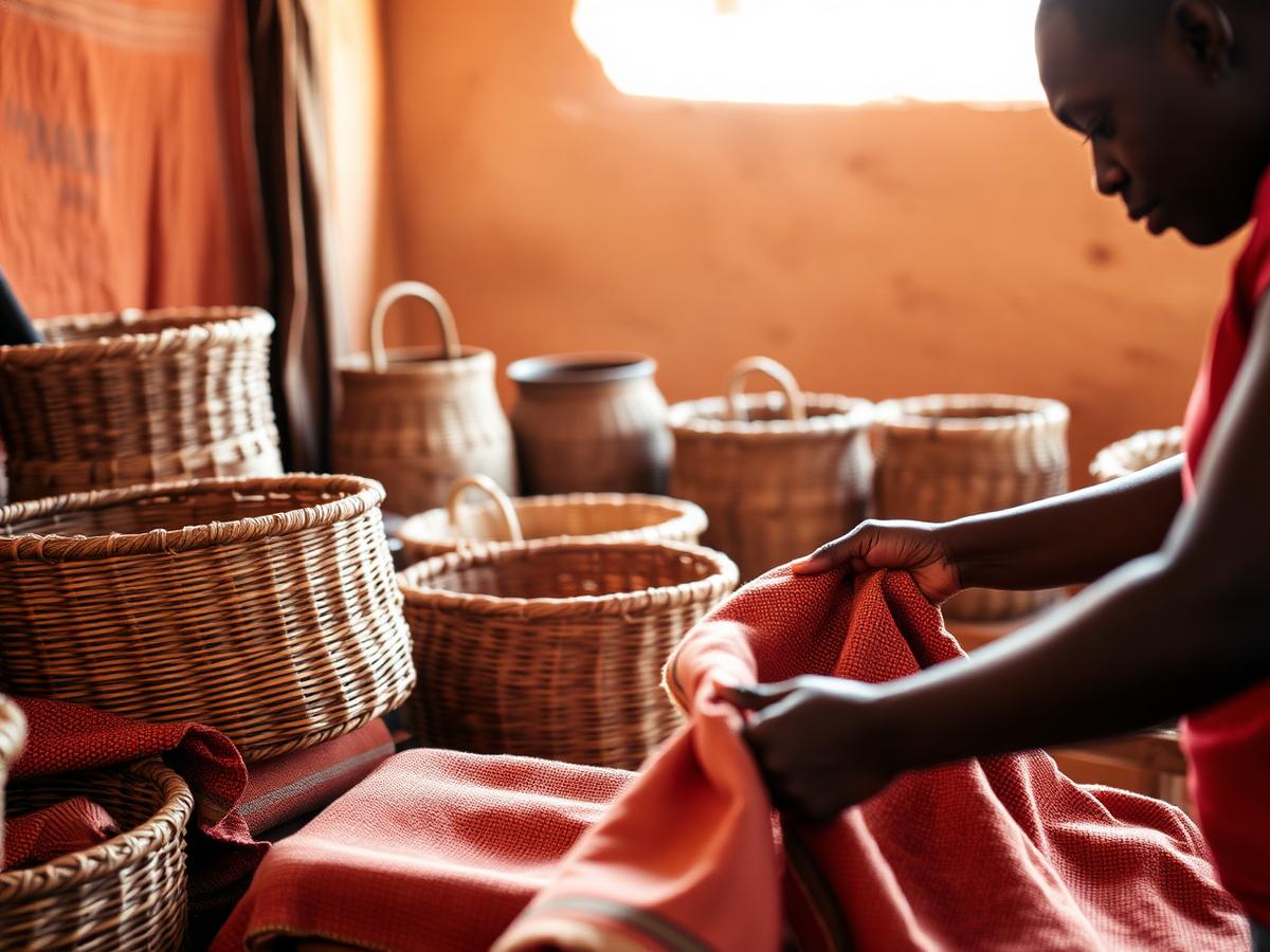 Artisan inspecting handwoven textiles
